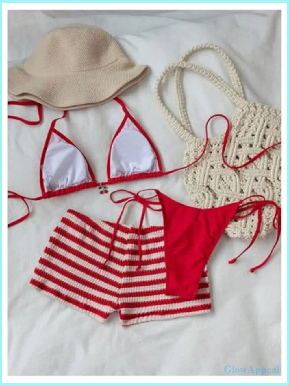 Striped Triangle Bikini Set High Waisted Thong with Cover Up Shorts 3 Piece